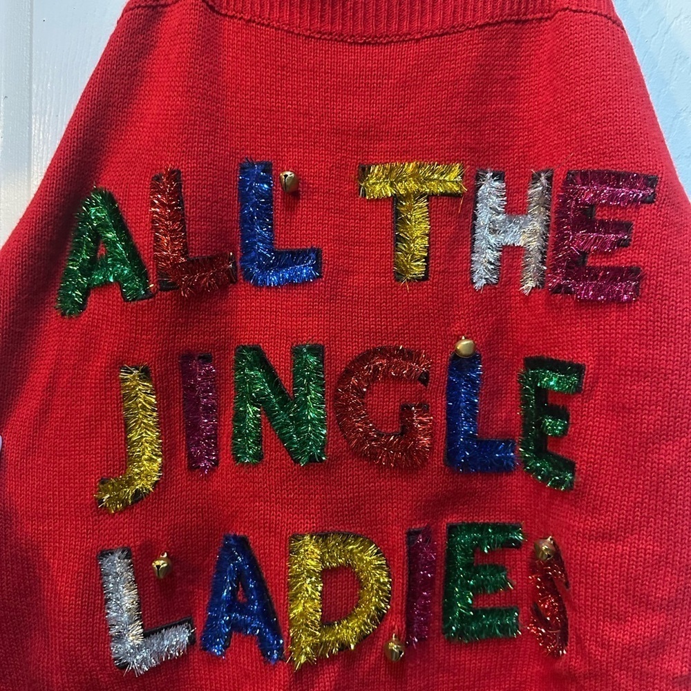Festive “All The Jingle Ladies” Christmas Red Cold-Shoulder Sweater Size Small - Picture 5 of 8